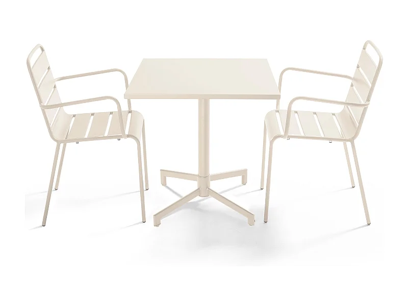 70 cm tafel en 2 tuinstoelen in ivoorkleurig metaal