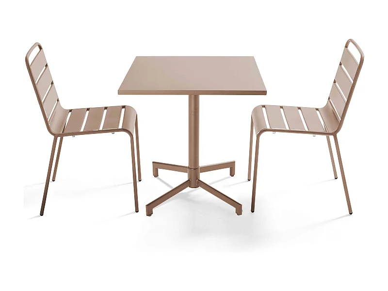 Ensemble table 70 cm et 2 chaises de jardin en métal taupe - Palavas
