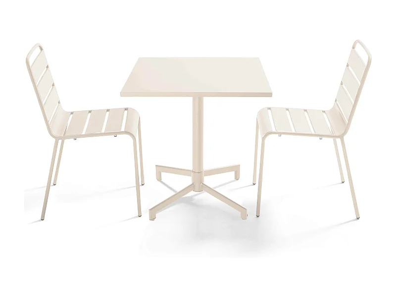 Set van 70 cm tafel en 2 metalen tuinstoelen in ivoor