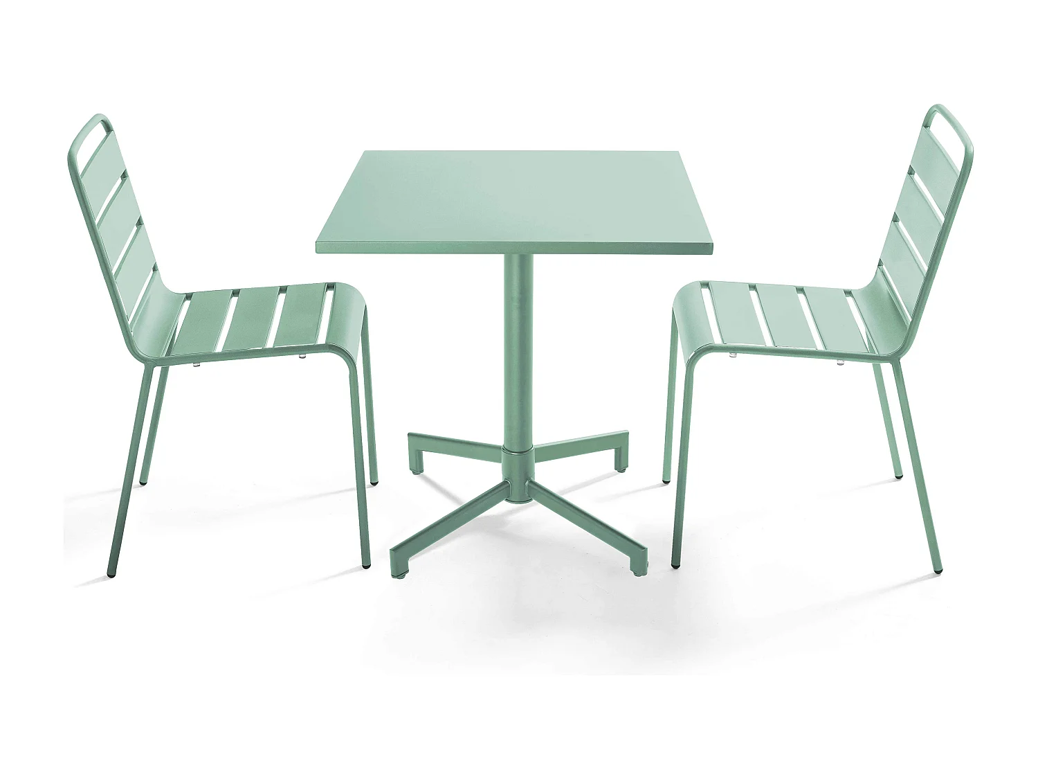 Tafelset: 70 cm tafel en 2 metalen tuinstoelen in saliegroen