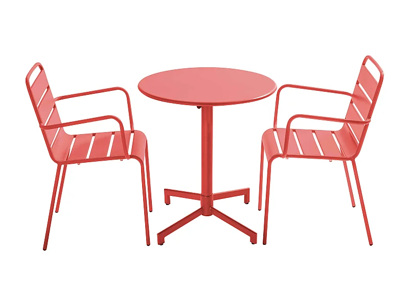 Ensemble table de jardin et 2 fauteuils en métal rouge - Palavas
