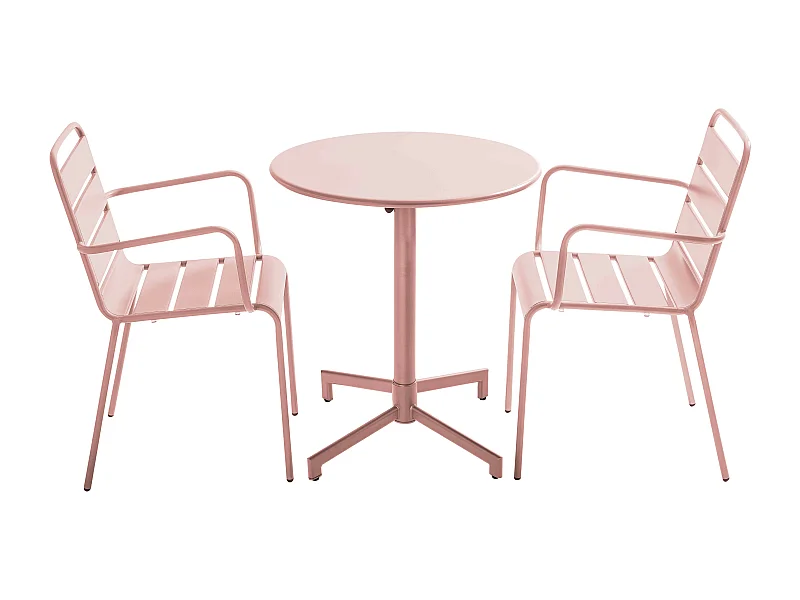 Ensemble table de jardin et 2 fauteuils en métal rose poudré - Palavas
