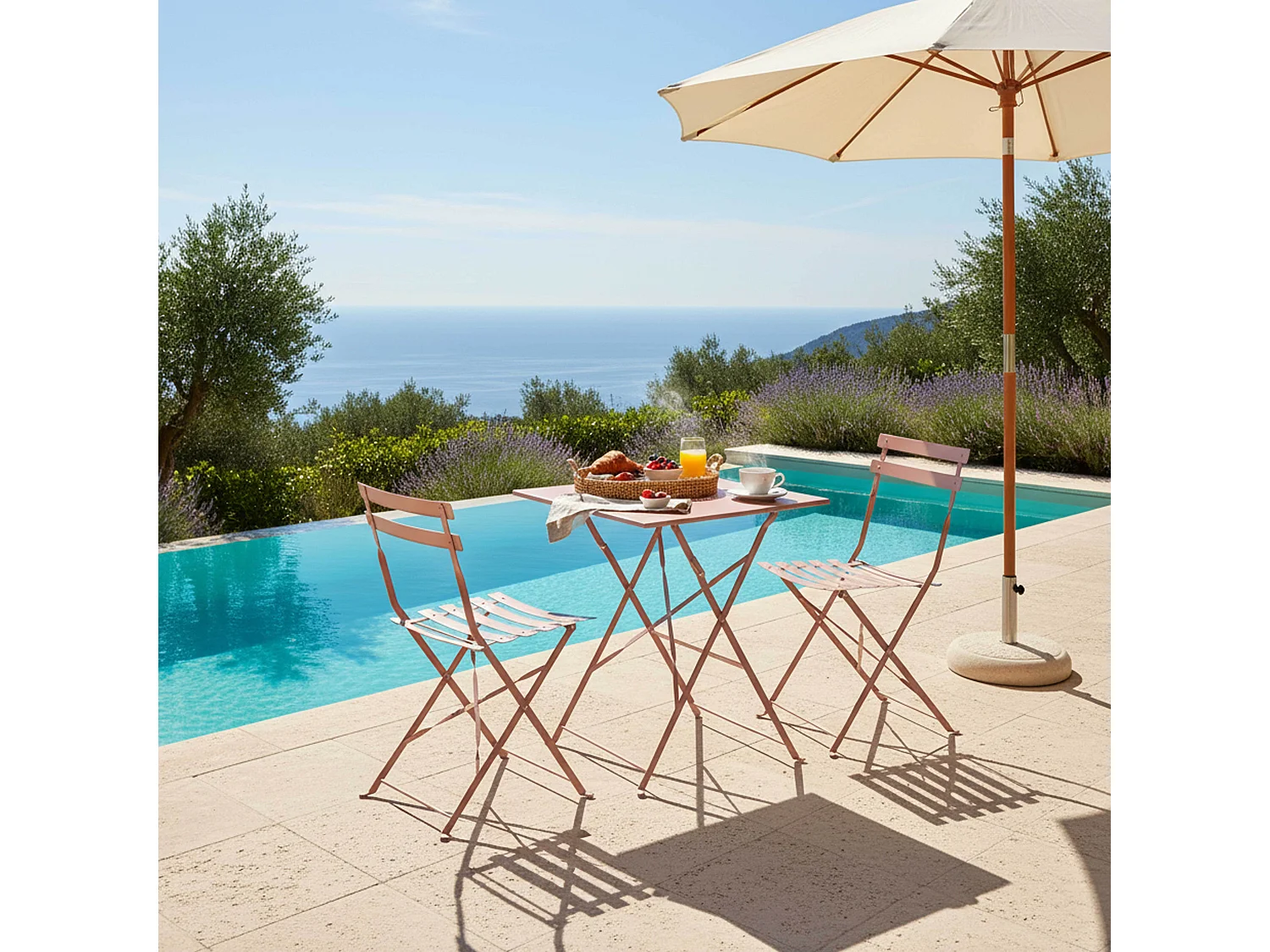 Table de jardin et 2 chaises rose poudré