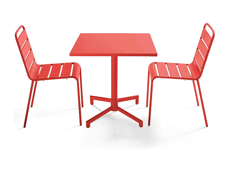 Ensemble table 70 cm et 2 chaises de jardin en métal rouge - Palavas