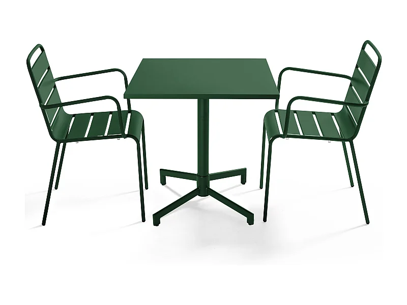 Ensemble table 70 cm et 2 fauteuils de jardin en métal vert forêt - Palavas