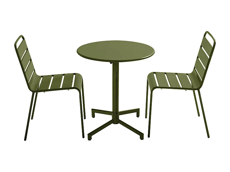 Ensemble table de jardin et 2 chaises en métal vert kaki - Palavas