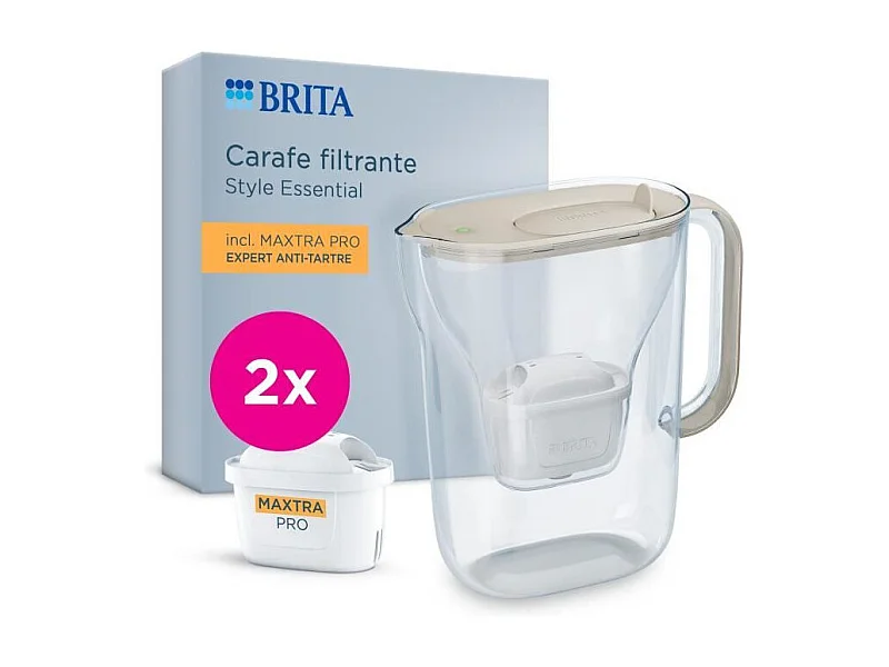 Carafe filtrante BRITA - Style Essential Sable - Capacité 2,4L dont 1,4L d'eau filtrée - 2 filtres Maxtra Pro Expert anti-tart