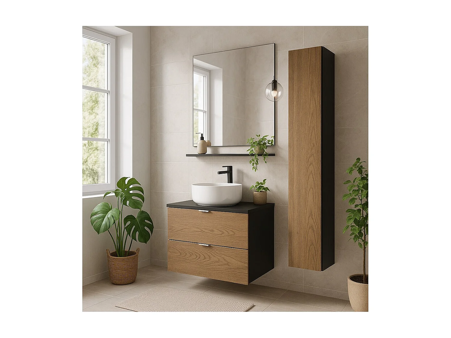 Ensemble SAVIA : meuble sous vasque 60cm + vasque blanche ronde à poser + colonne de rangement