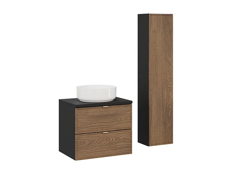 Ensemble SAVIA : meuble sous vasque 60cm + vasque blanche ronde à poser + colonne de rangement