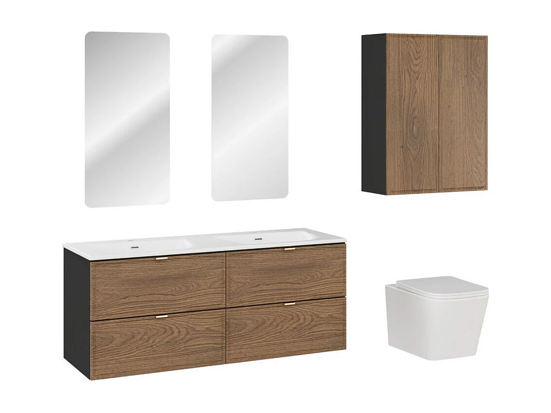 Ensemble SAVIA : meubles sous vasque 120cm + double vasque encastrable + meubles de rangement + miroirs LED + WC