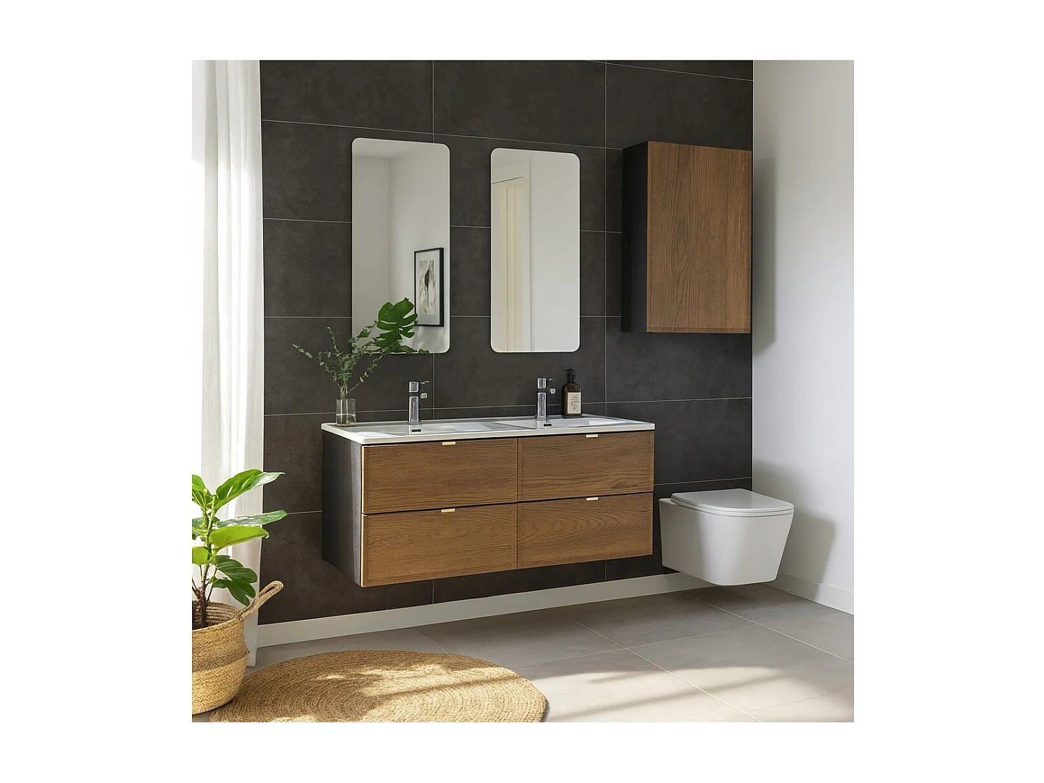 Ensemble SAVIA : meubles sous vasque 120cm + double vasque encastrable + meubles de rangement + miroirs LED + WC