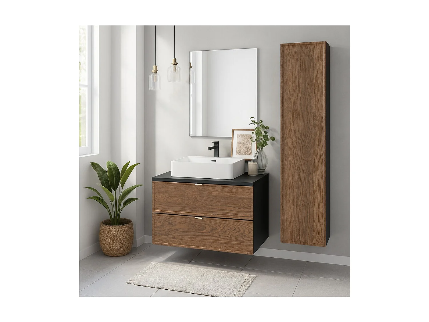 Ensemble SAVIA : meuble sous vasque 80cm + vasque blanche à poser + colonne de rangement