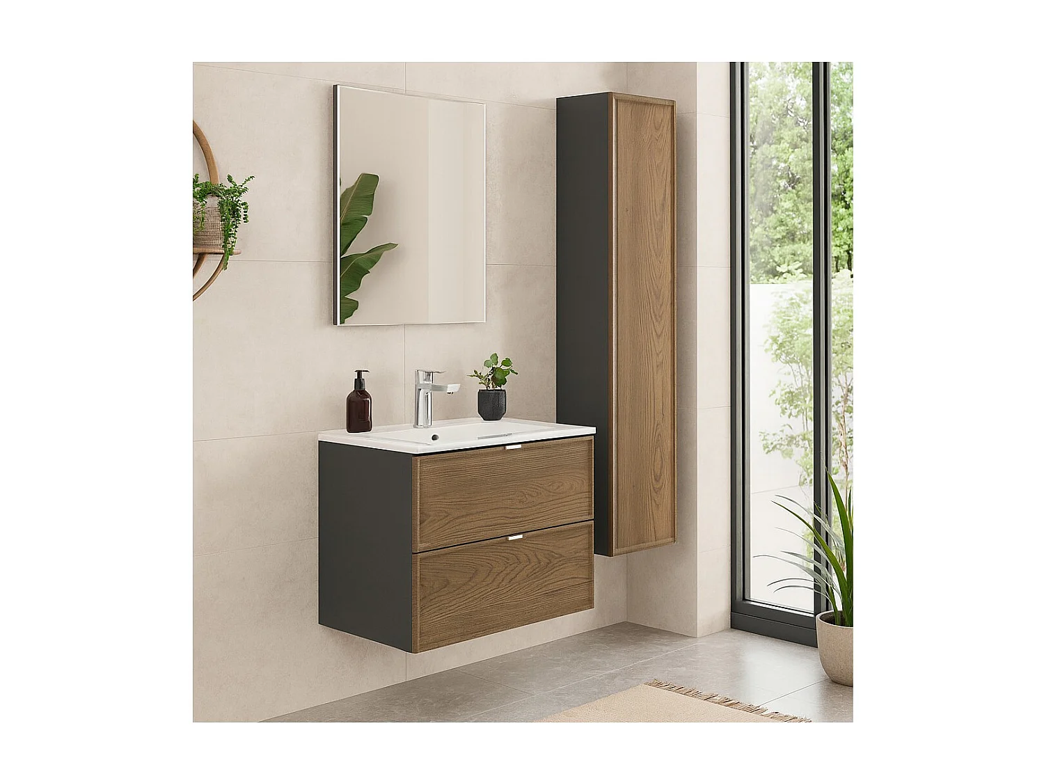 Ensemble SAVIA : meuble sous vasque 60cm + vasque à encastrer blanche + colonne de rangement