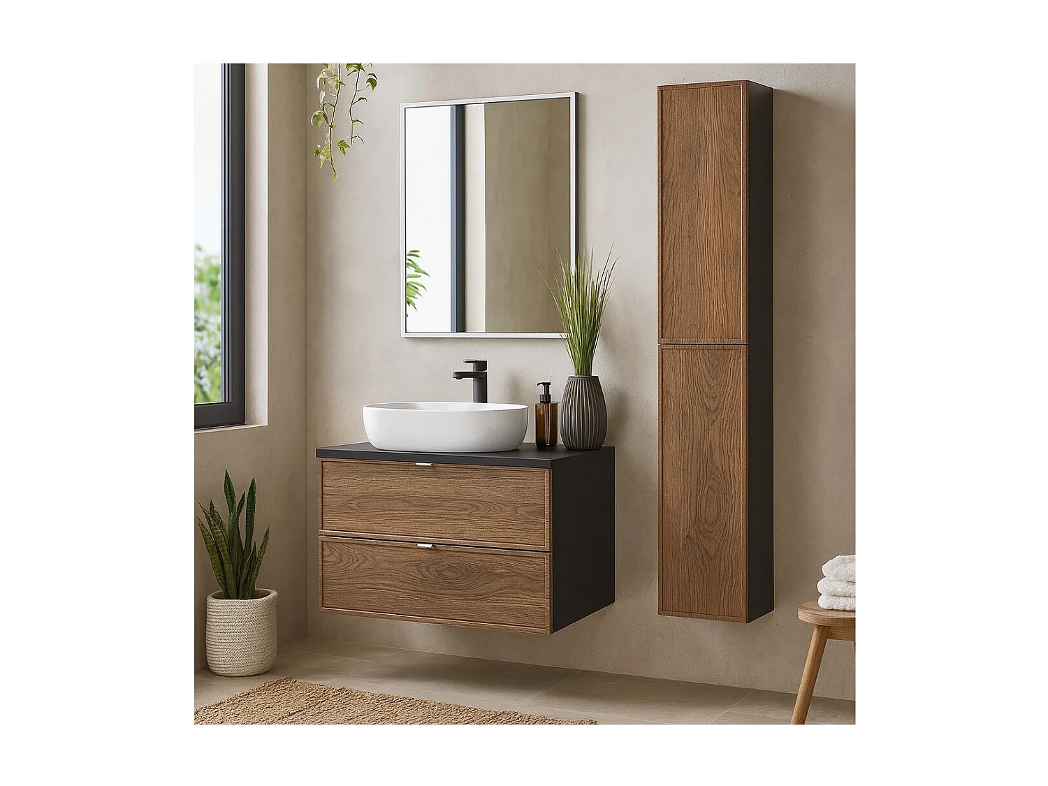 Ensemble SAVIA : meuble sous vasque 80cm + vasque à poser blanche + miroir LED + meubles de rangement