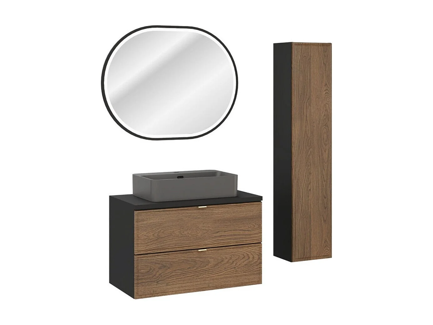Ensemble SAVIA : meuble sous vasque 80cm + vasque à poser + colonne de rangement + miroir LED