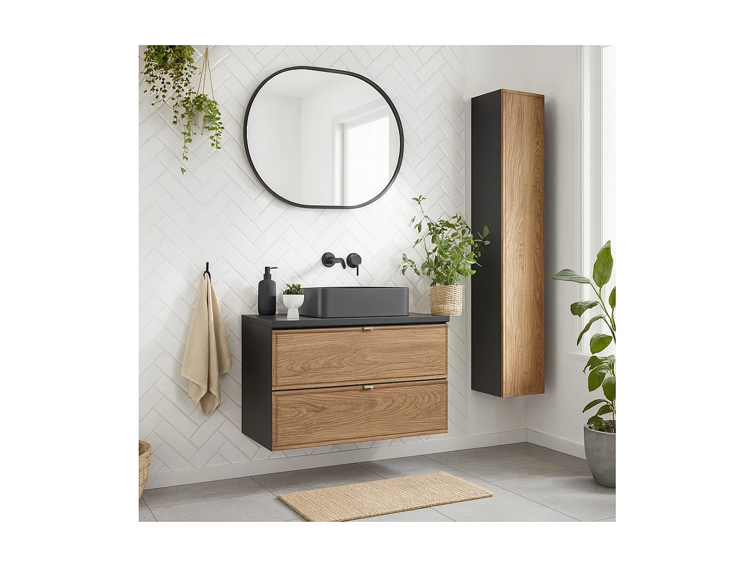 Ensemble SAVIA : meuble sous vasque 80cm + vasque à poser + colonne de rangement + miroir LED
