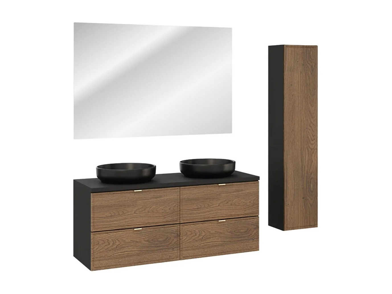 Ensemble SAVIA : meubles sous vasque 120cm + 2 vasques noires rondes à poser + miroir LED + colonne de rangement