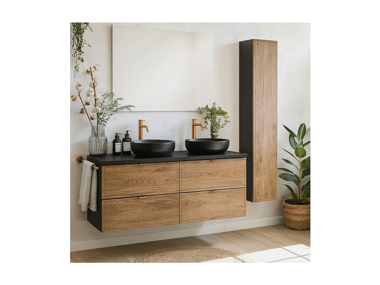 Ensemble SAVIA : meubles sous vasque 120cm + 2 vasques noires rondes à poser + miroir LED + colonne de rangement