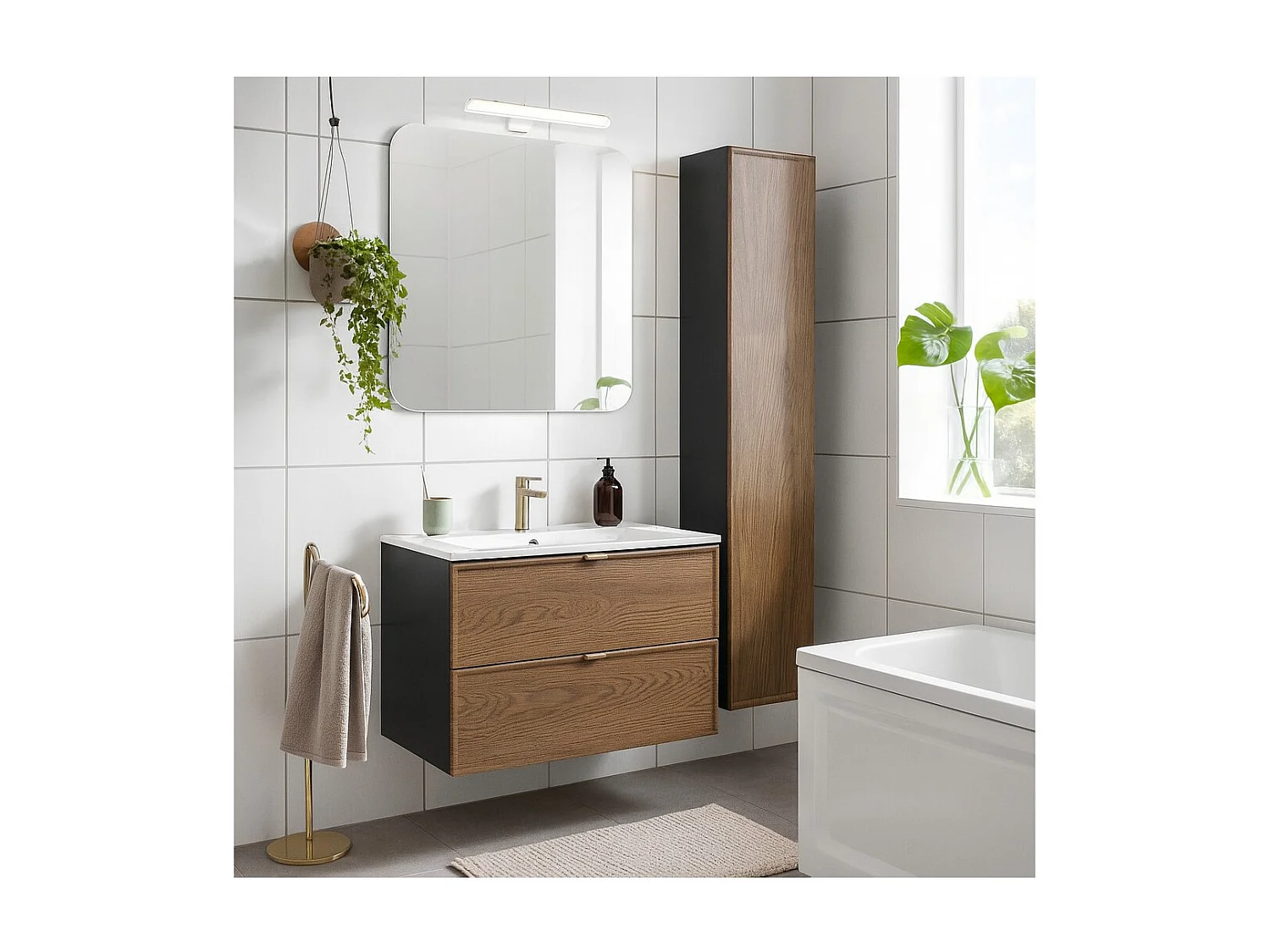 Ensemble de salle de bain SAVIA : meuble sous vasque 80cm + vasque encastrée blanche + colonne de rangement