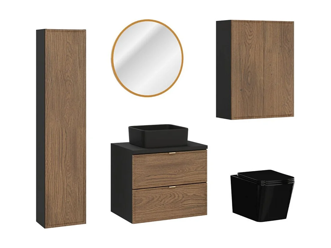 Ensemble SAVIA : meuble sous vasque 60cm + vasque noire à poser + meubles de rangement + miroirs LED + WC noir