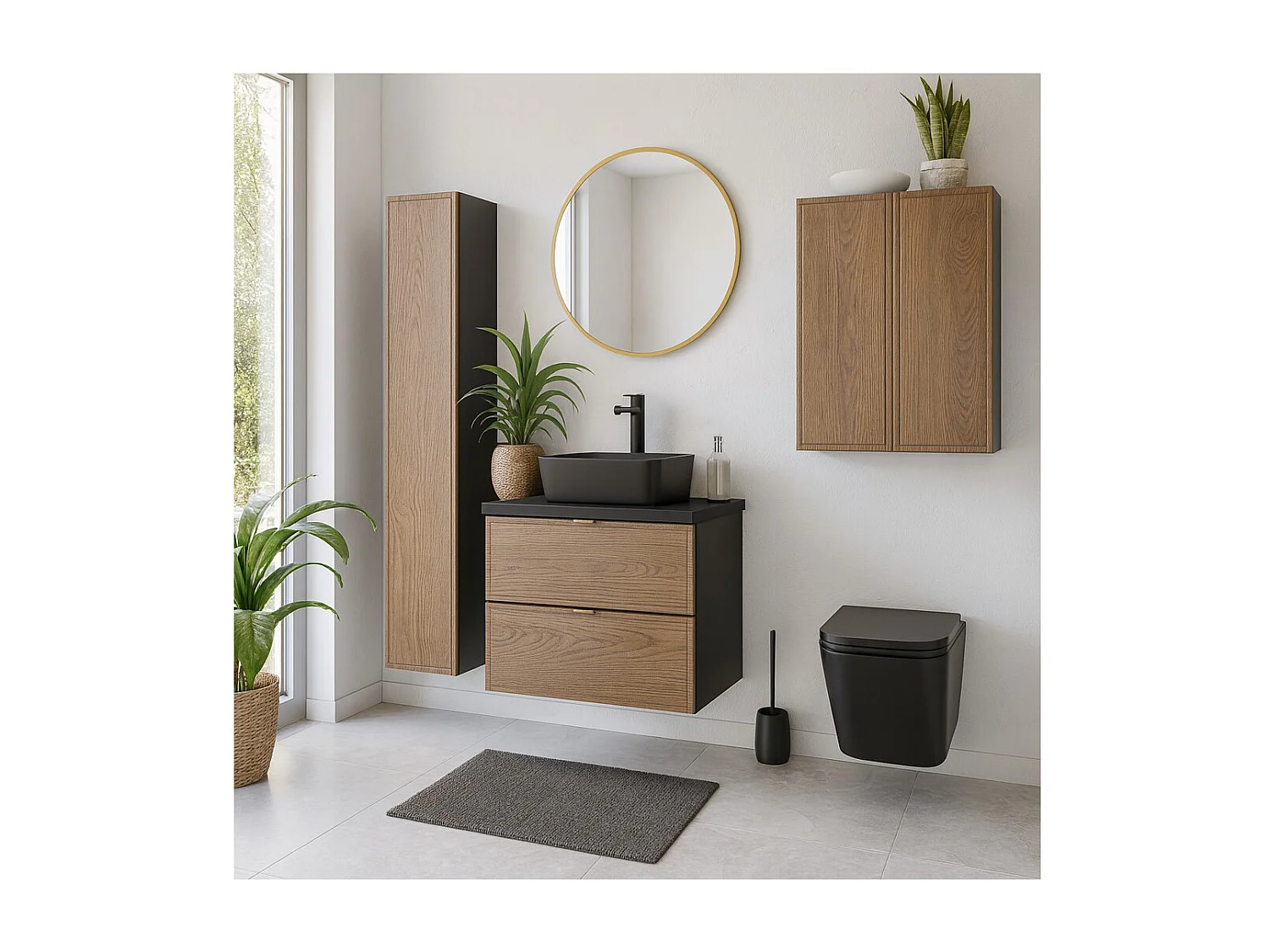 Ensemble SAVIA : meuble sous vasque 60cm + vasque noire à poser + meubles de rangement + miroirs LED + WC noir