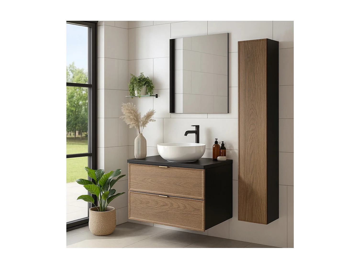 Ensemble de salle de bain SAVIA : meuble sous vasque 60cm + plan pour vasque + colonne de rangement