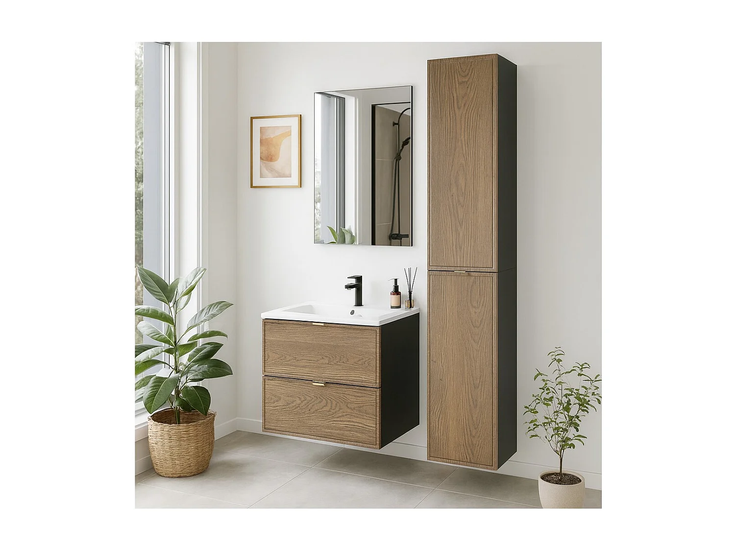 Ensemble de salle de bain SAVIA : meuble sous vasque 60cm + vasque à encastrer blanche + meubles de rangement