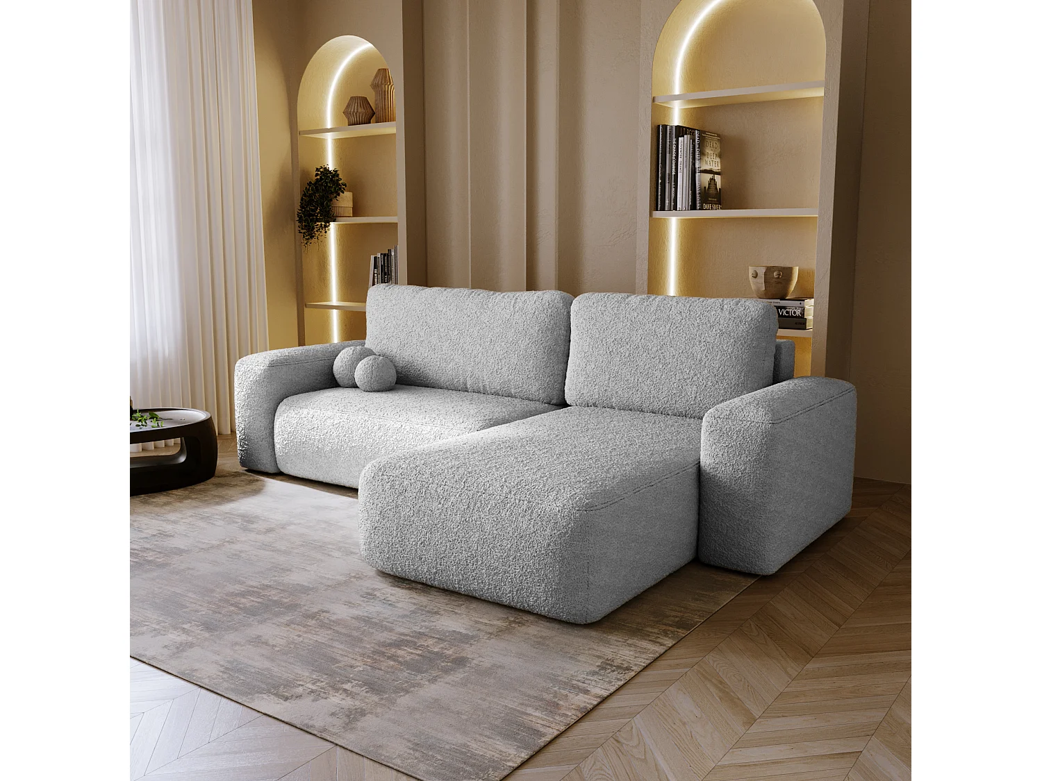 BESILIO Canapé d’angle droit convertible Ornello L – coussins ronds, fonction lit, méridienne en tissu bouclé – Gris clair