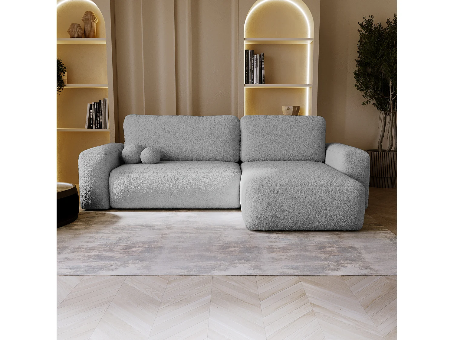 BESILIO Canapé d’angle droit convertible Ornello L – coussins ronds, fonction lit, méridienne en tissu bouclé – Gris clair