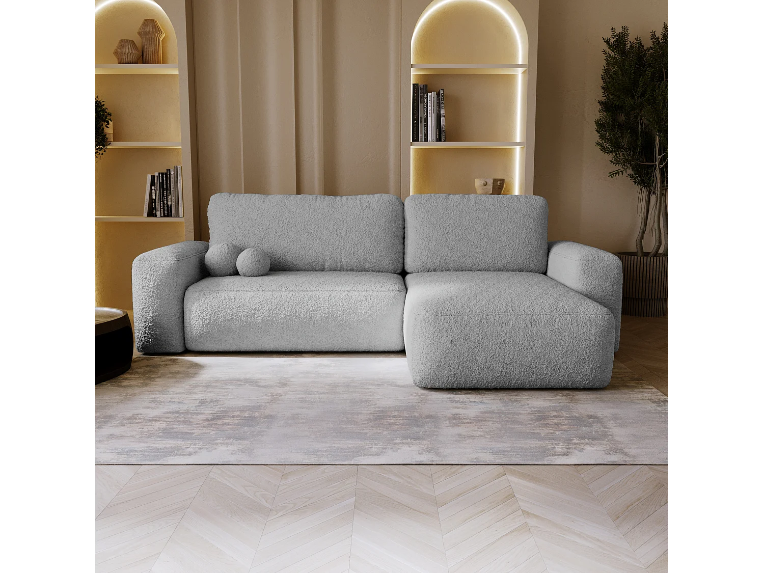 BESILIO Canapé d’angle droit convertible Ornello L – coussins ronds, fonction lit, méridienne en tissu bouclé – Gris clair