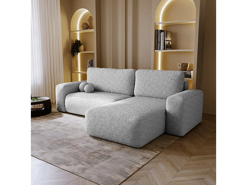 BESILIO Canapé d’angle droit convertible Ornello L – coussins ronds, fonction lit, méridienne en tissu bouclé – Gris clair
