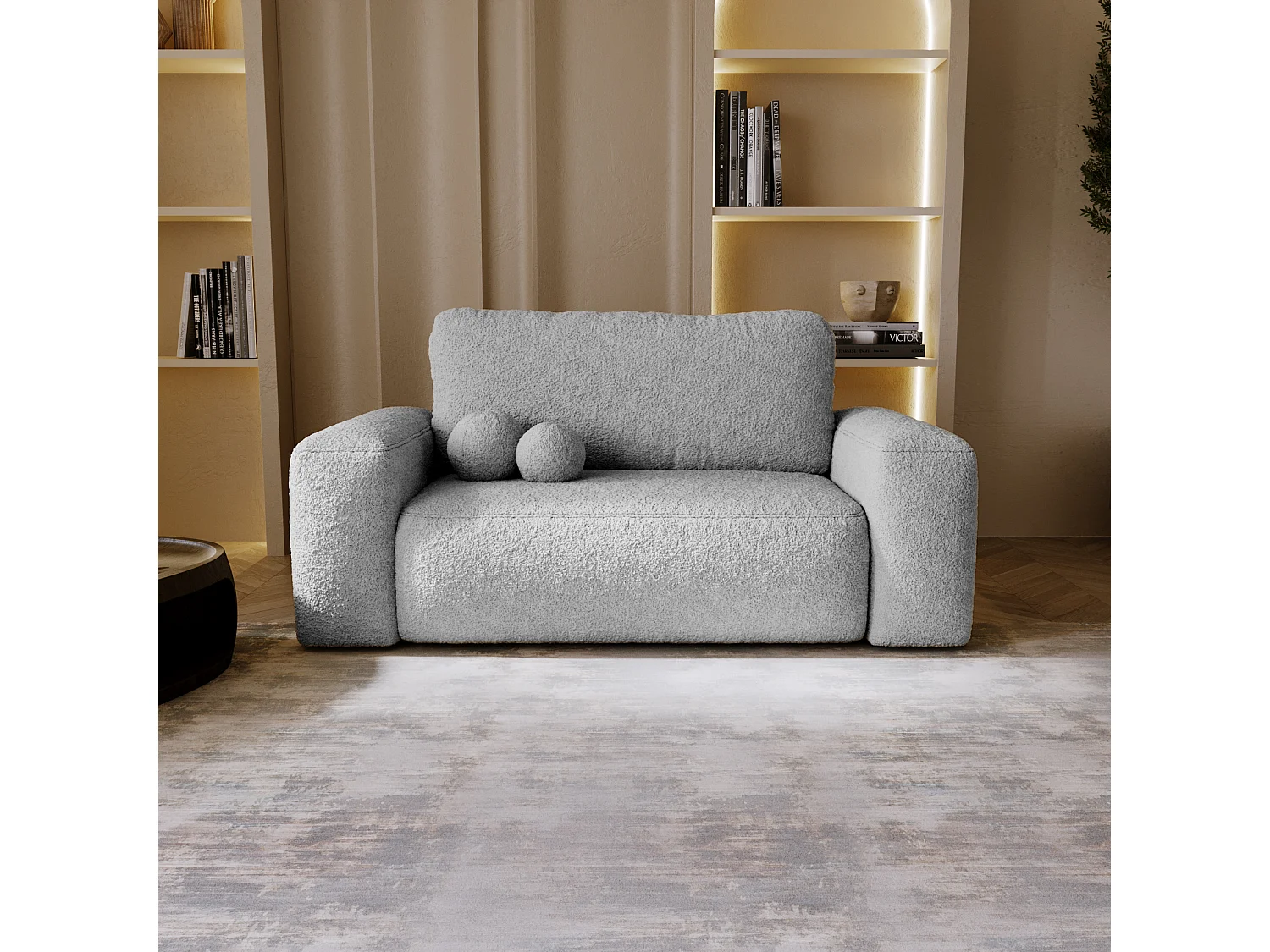 BESILIO Sofa rozkładana tapicerowana Ornello- okrągłe poduszki, sofa dwuosobowa, z funkcją spania, kanapa wolnostojąca, boucle - Jasnoszary