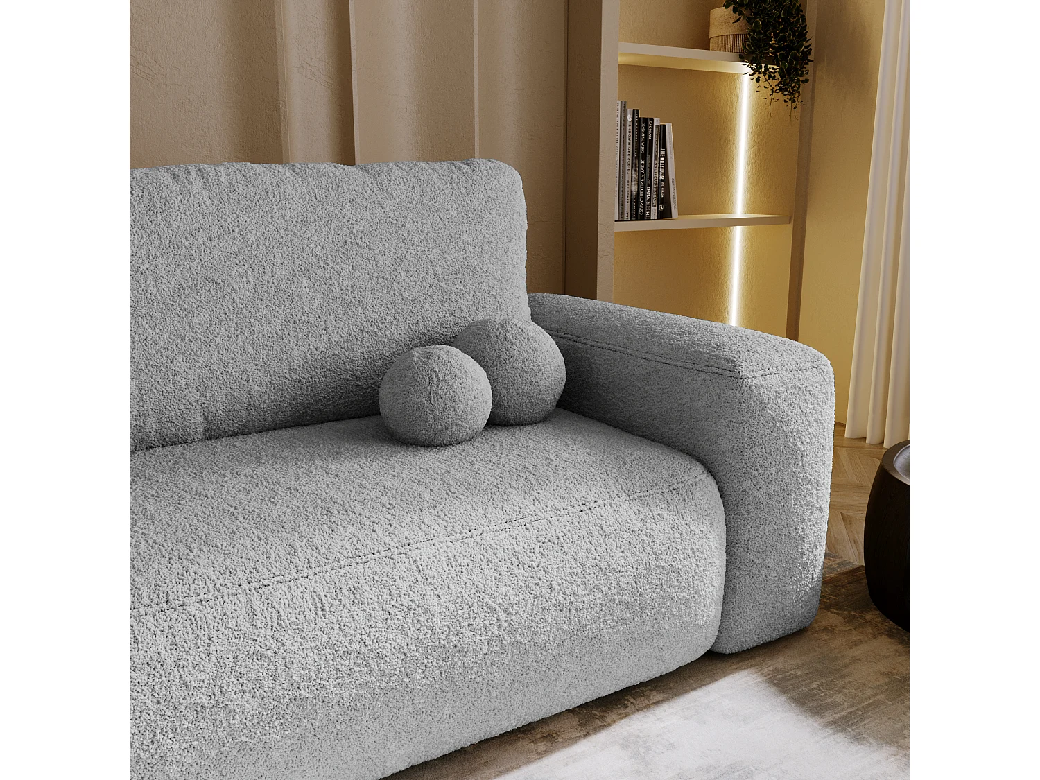 BESILIO Sofa rozkładana tapicerowana Ornello- okrągłe poduszki, sofa dwuosobowa, z funkcją spania, kanapa wolnostojąca, boucle - Jasnoszary