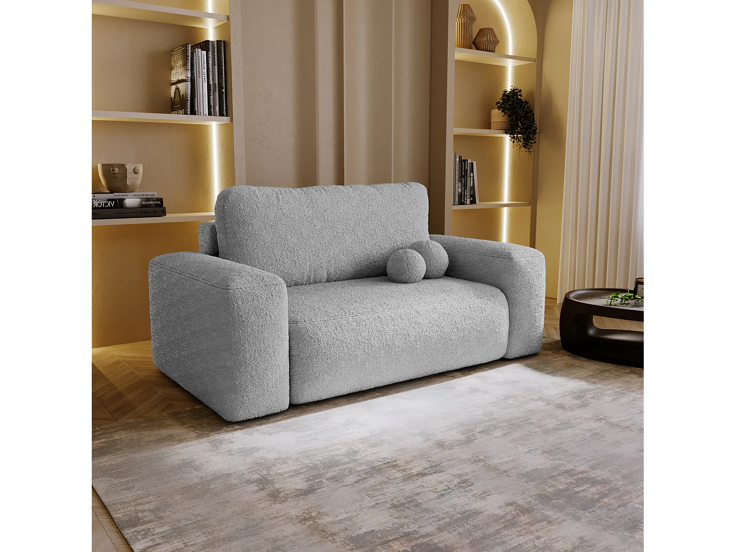 BESILIO Sofa rozkładana tapicerowana Ornello- okrągłe poduszki, sofa dwuosobowa, z funkcją spania, kanapa wolnostojąca, boucle - Jasnoszary