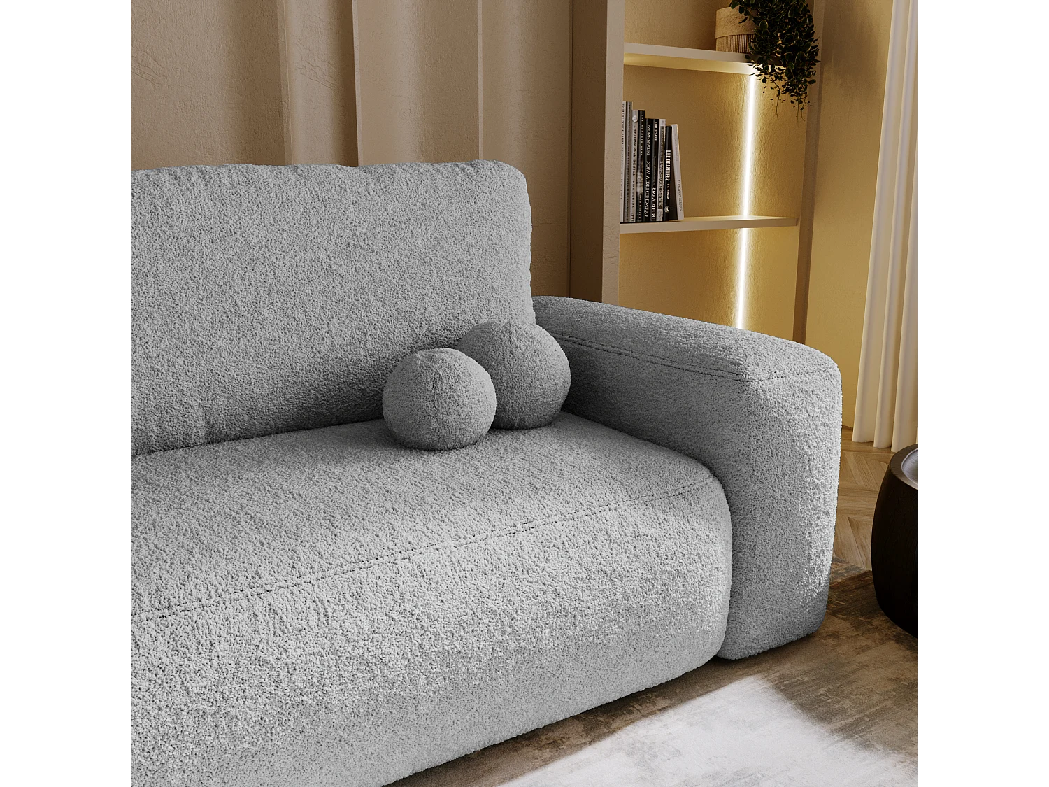 BESILIO Sofa rozkładana tapicerowana Ornello- okrągłe poduszki, sofa dwuosobowa, z funkcją spania, kanapa wolnostojąca, boucle - Jasnoszary