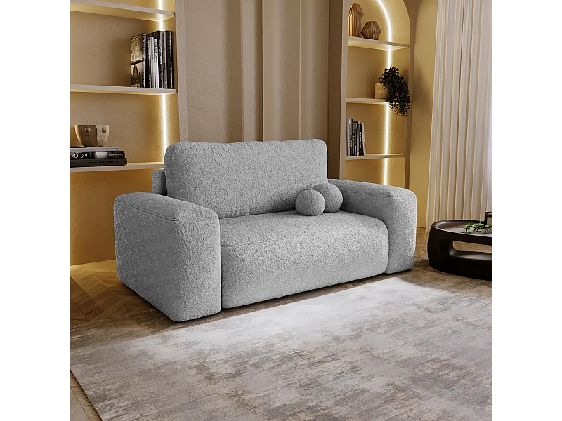 BESILIO Sofa rozkładana tapicerowana Ornello- okrągłe poduszki, sofa dwuosobowa, z funkcją spania, kanapa wolnostojąca, boucle - Jasnoszary
