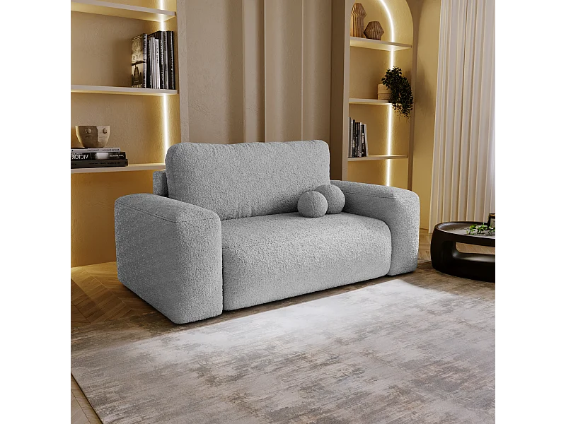 BESILIO Sofa rozkładana tapicerowana Ornello- okrągłe poduszki, sofa dwuosobowa, z funkcją spania, kanapa wolnostojąca, boucle - Jasnoszary