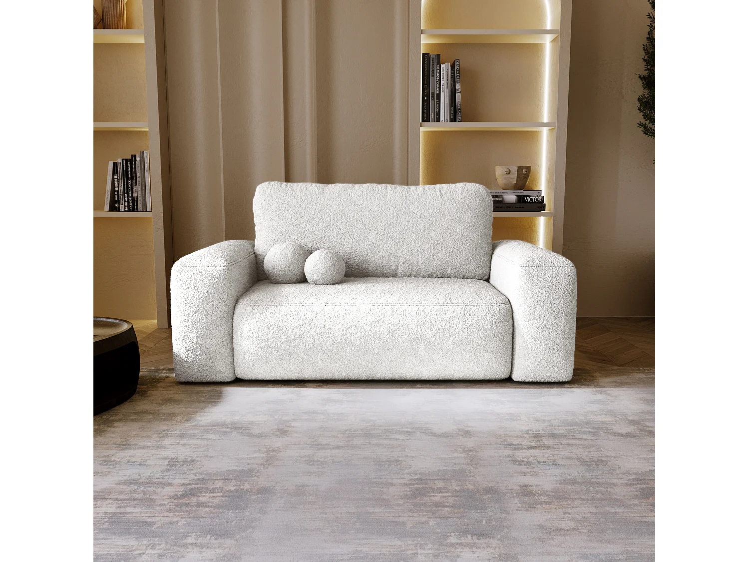 BESILIO Sofa rozkładana tapicerowana Ornello- okrągłe poduszki, sofa dwuosobowa, z funkcją spania, kanapa wolnostojąca, boucle - Biały