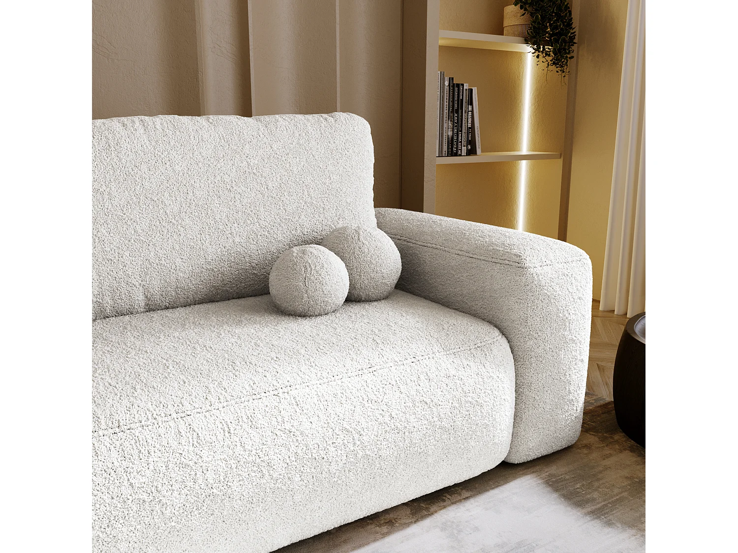 BESILIO Sofa rozkładana tapicerowana Ornello- okrągłe poduszki, sofa dwuosobowa, z funkcją spania, kanapa wolnostojąca, boucle - Biały