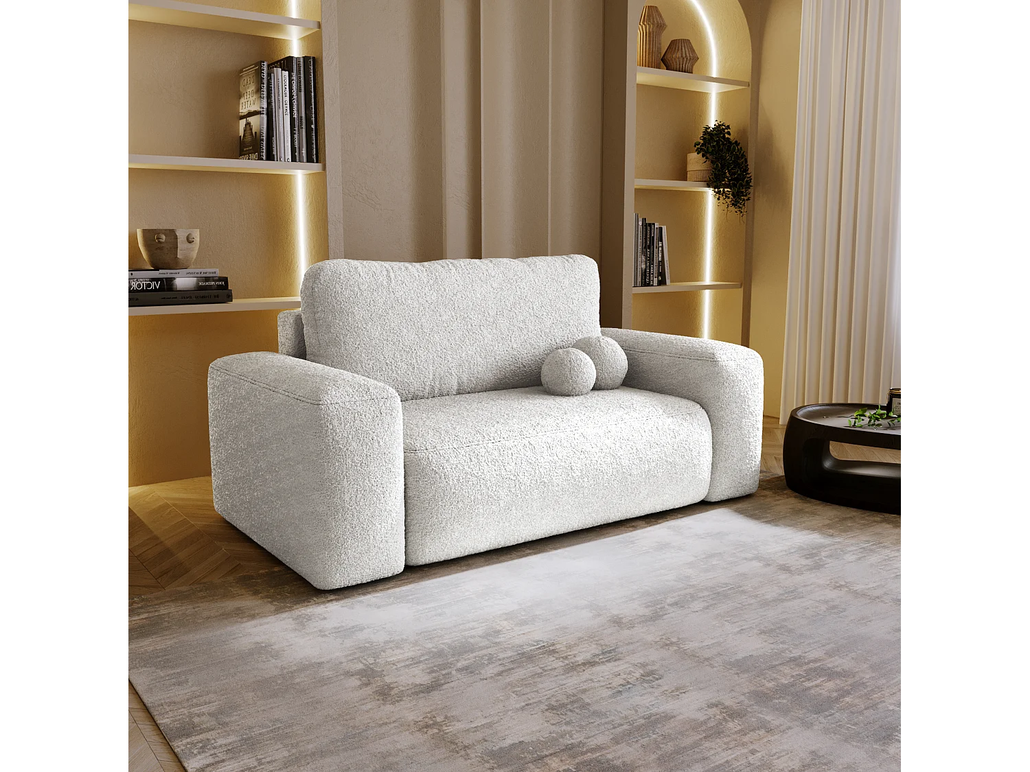 BESILIO Sofa rozkładana tapicerowana Ornello- okrągłe poduszki, sofa dwuosobowa, z funkcją spania, kanapa wolnostojąca, boucle - Biały