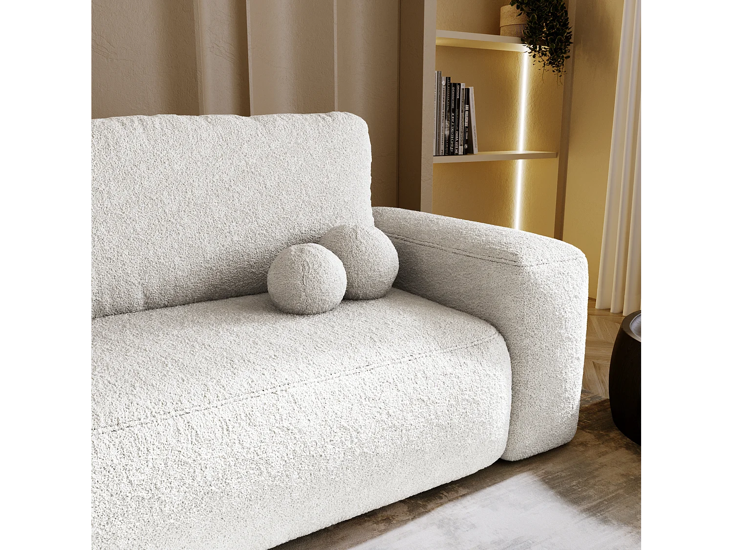 BESILIO Sofa rozkładana tapicerowana Ornello- okrągłe poduszki, sofa dwuosobowa, z funkcją spania, kanapa wolnostojąca, boucle - Biały