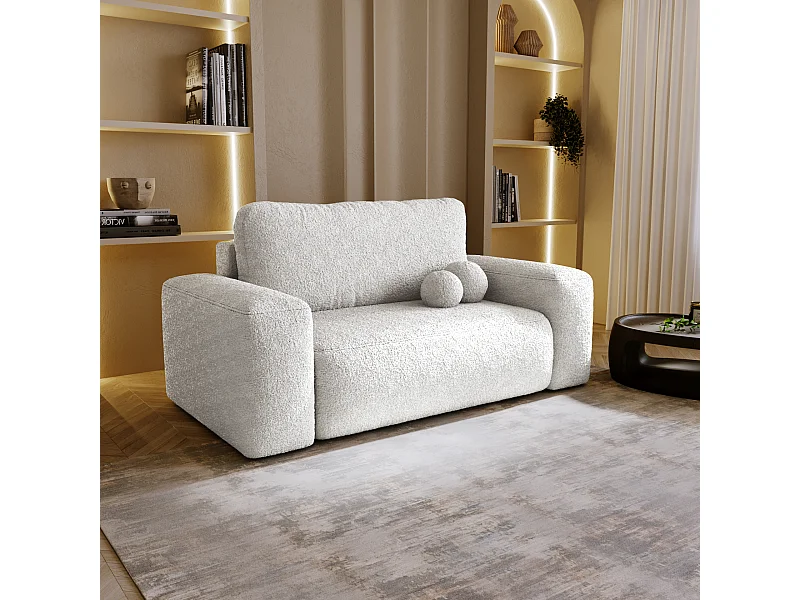BESILIO Sofa rozkładana tapicerowana Ornello- okrągłe poduszki, sofa dwuosobowa, z funkcją spania, kanapa wolnostojąca, boucle - Biały