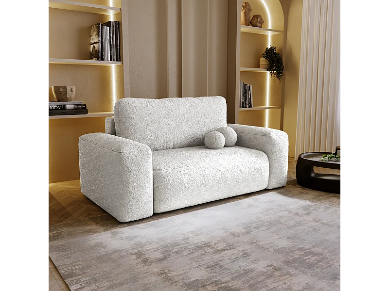 BESILIO Sofa rozkładana tapicerowana Ornello- okrągłe poduszki, sofa dwuosobowa, z funkcją spania, kanapa wolnostojąca, boucle - Biały