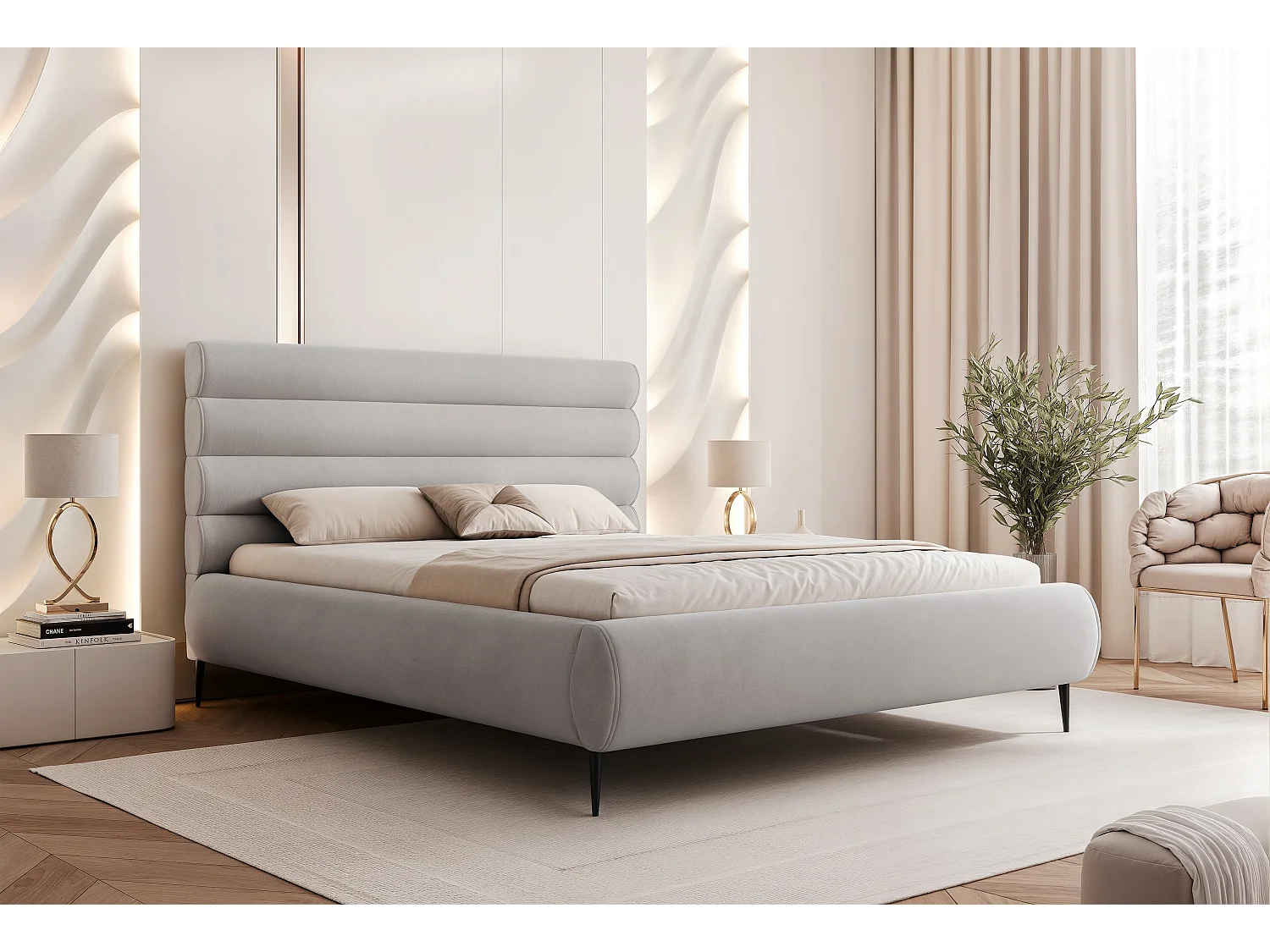 BESILIO Stijlvol bed met opbergruimte 180x200 Marbella II – gestoffeerd bed op hoge poten, houten lattenbodem – Lichtgrijs
