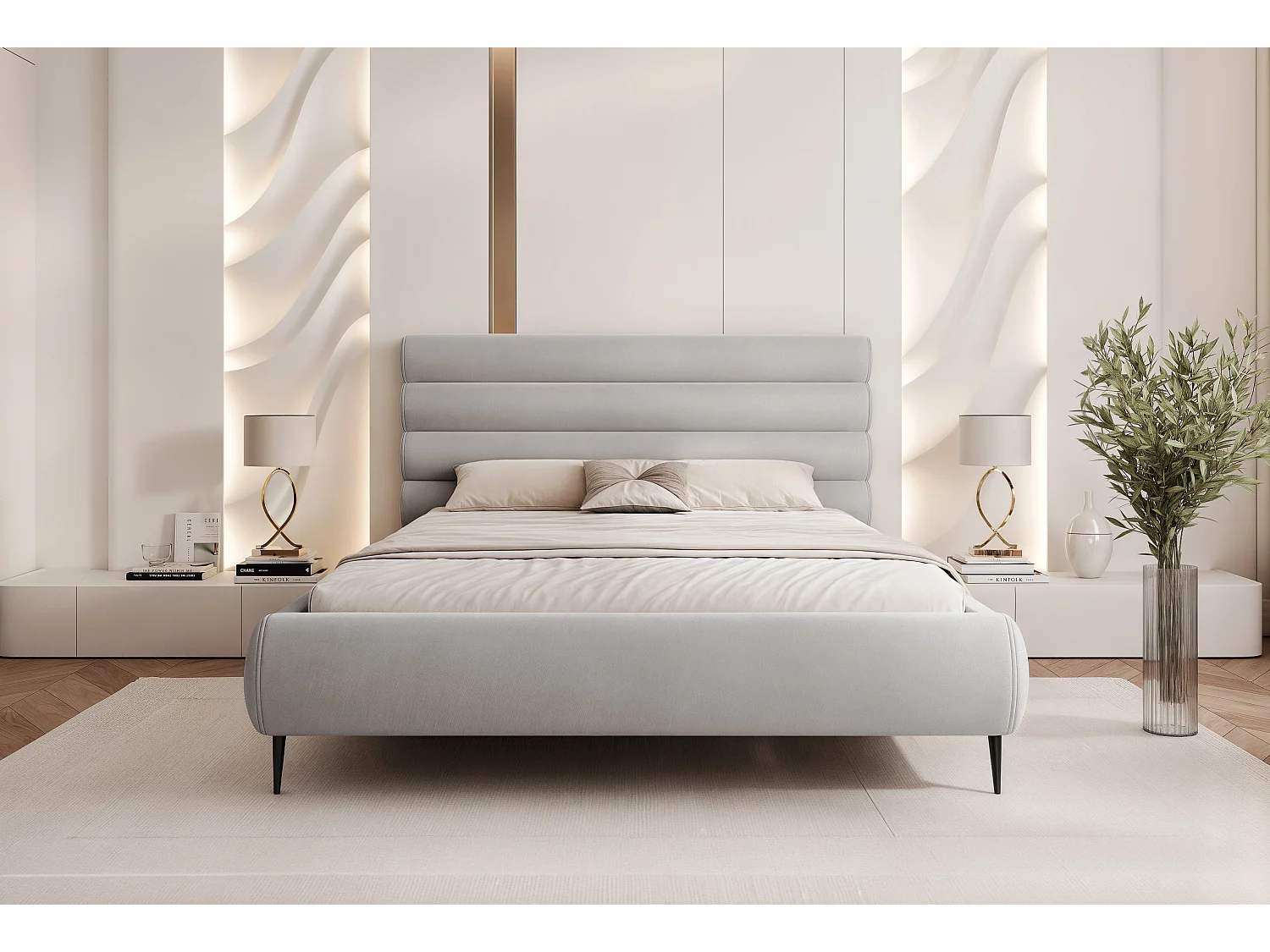 BESILIO Stijlvol bed met opbergruimte 180x200 Marbella II – gestoffeerd bed op hoge poten, houten lattenbodem – Lichtgrijs