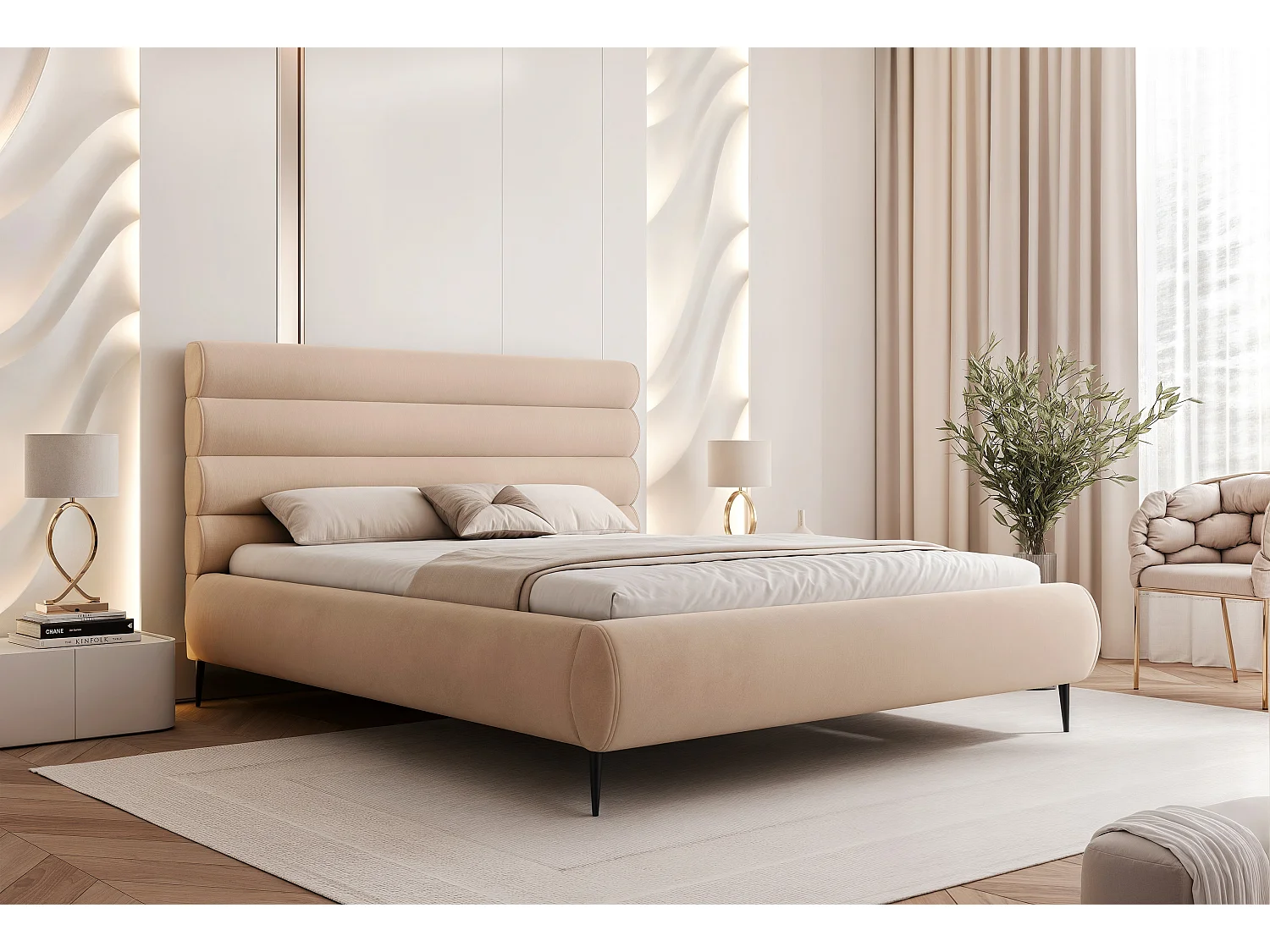BESILIO Stijlvol bed met opbergruimte 180x200 Marbella II – gestoffeerd bed op hoge poten, houten lattenbodem – Beige