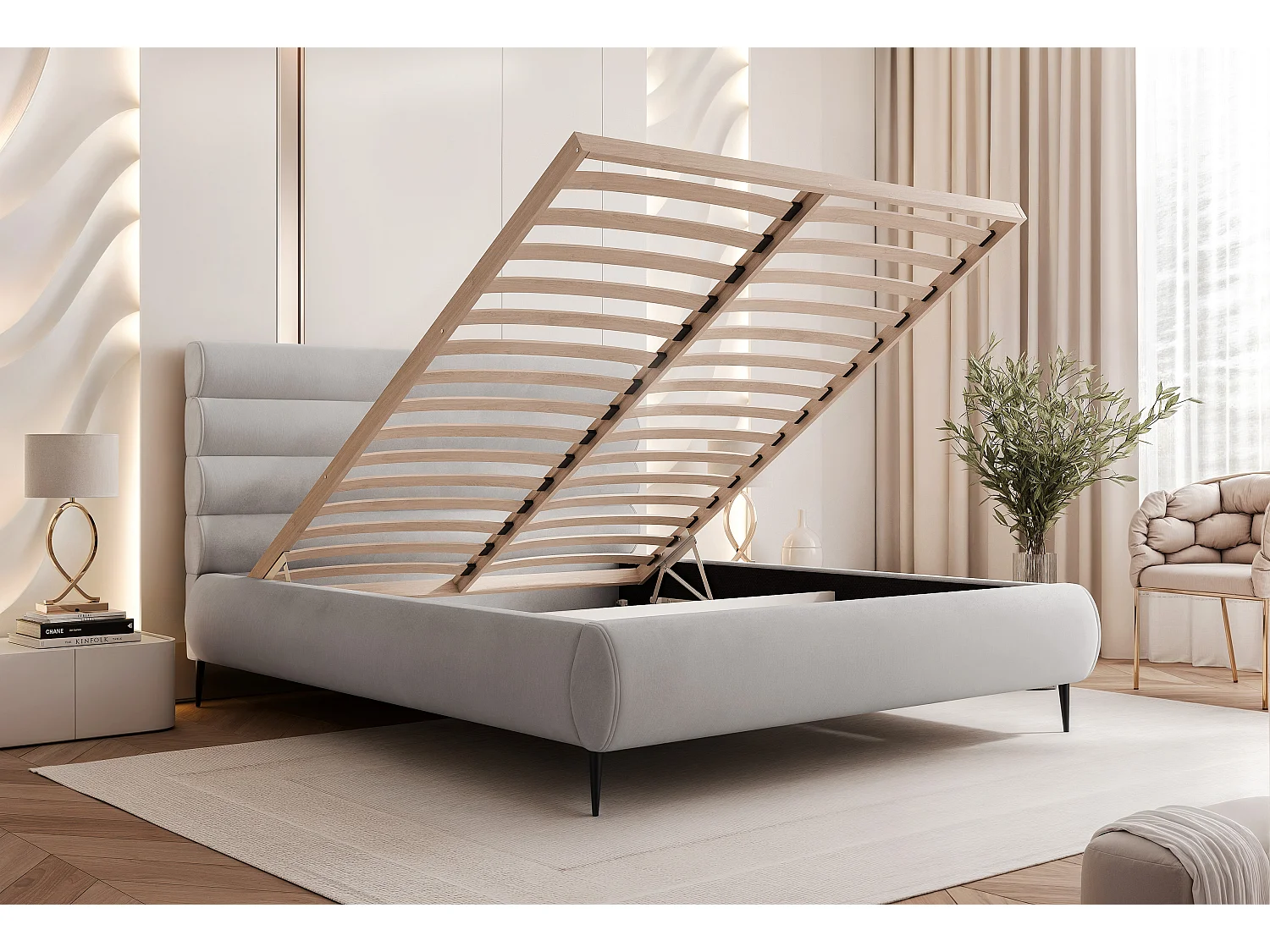 BESILIO Stijlvol bed met opbergruimte 200x200 Marbella II – gestoffeerd bed op hoge poten, houten lattenbodem – Crèmekleurig