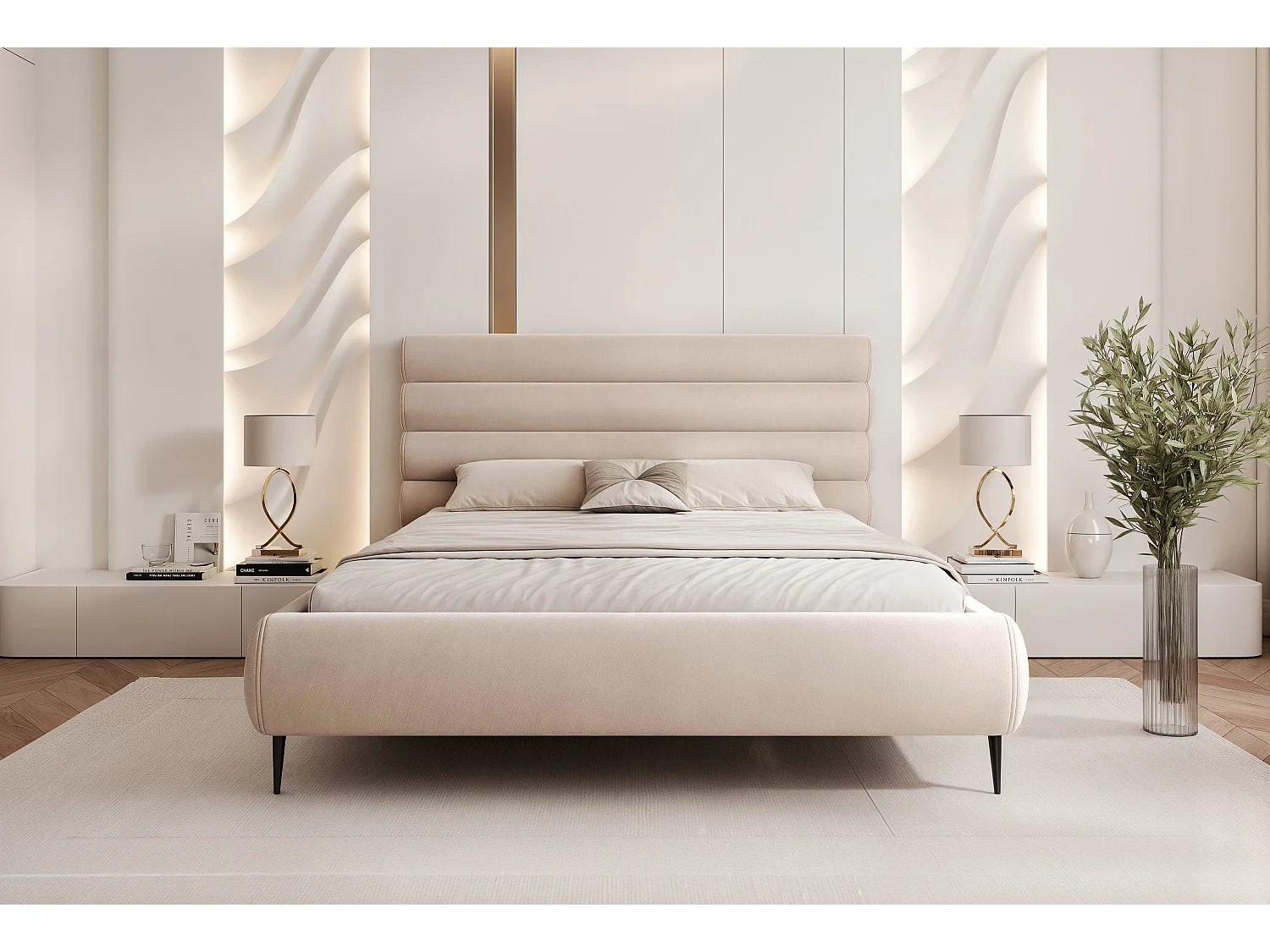 BESILIO Lit élégant avec coffre de rangement 200x200 Marbella II – lit tapissé sur hauts pieds, sommier en bois – Crème