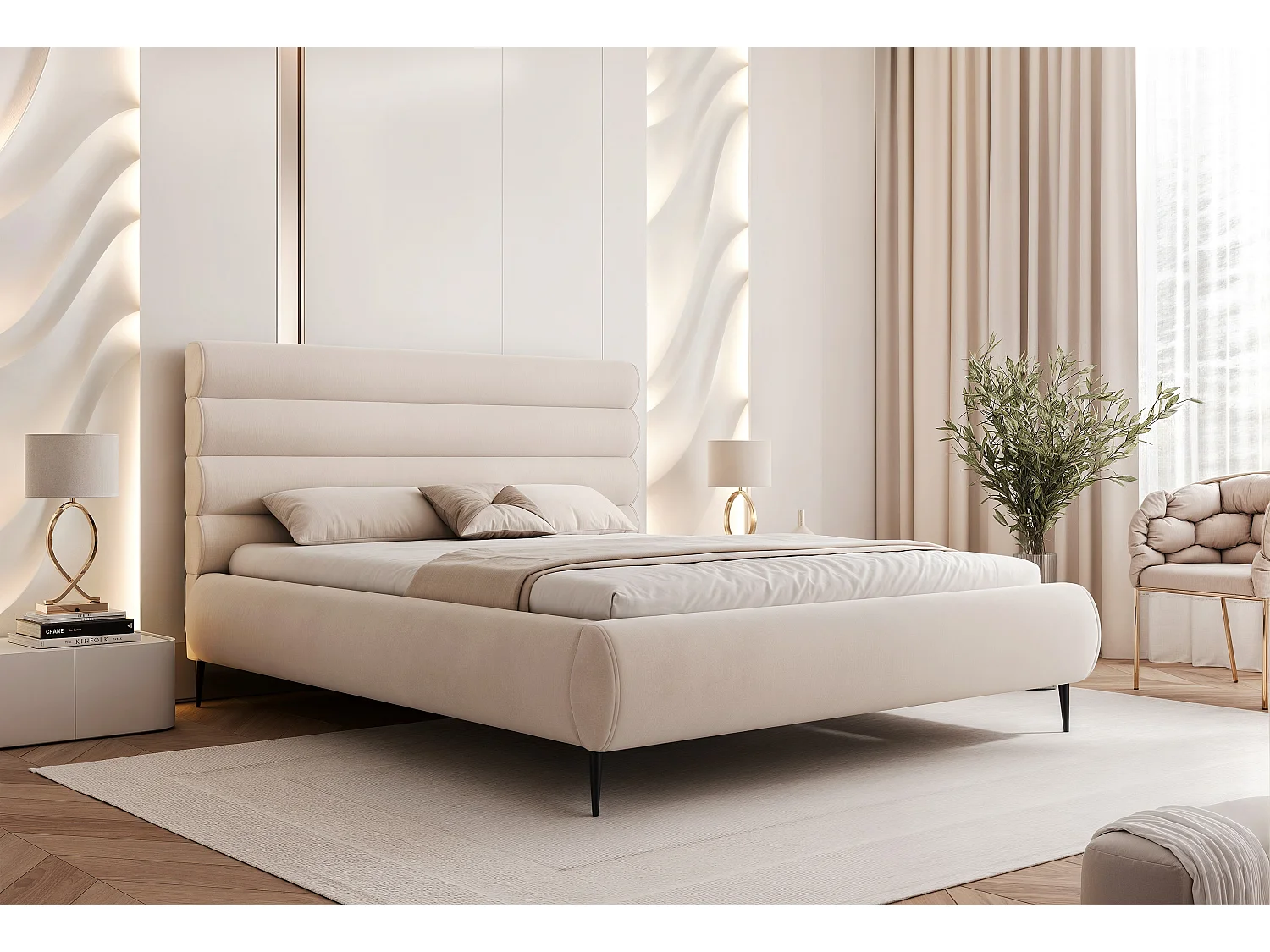 BESILIO Lit élégant avec coffre de rangement 180x200 Marbella II – lit tapissé sur hauts pieds, sommier en bois – Crème