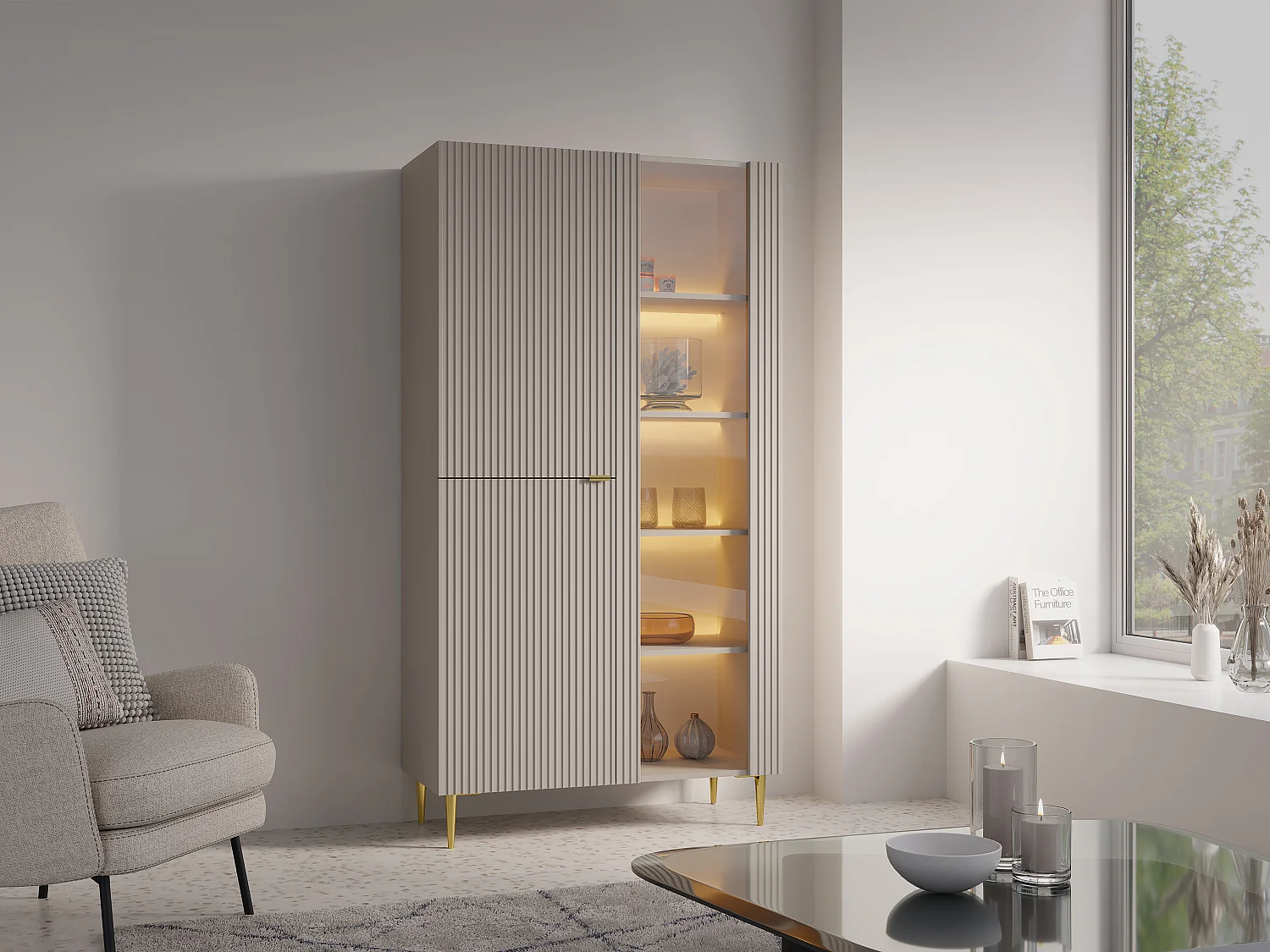 Vitrine 3 portes avec LEDs - Beige et doré - YESINIA